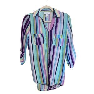 Peck & Peck Size Small Multicolor Stripe Artsy Stretch Button Up Tab Sleeve Top